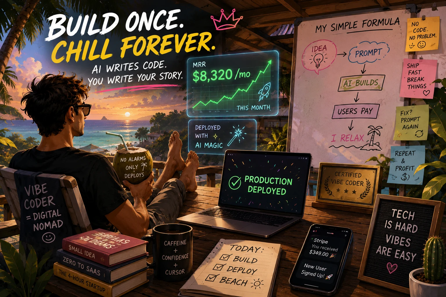 A vibe coder relaxing at a beach desk at sunset: laptop showing 'Production Deployed', a $8,320/mo MRR hologram, and a whiteboard with the formula Idea → Prompt → AI Builds → Users Pay → I Relax